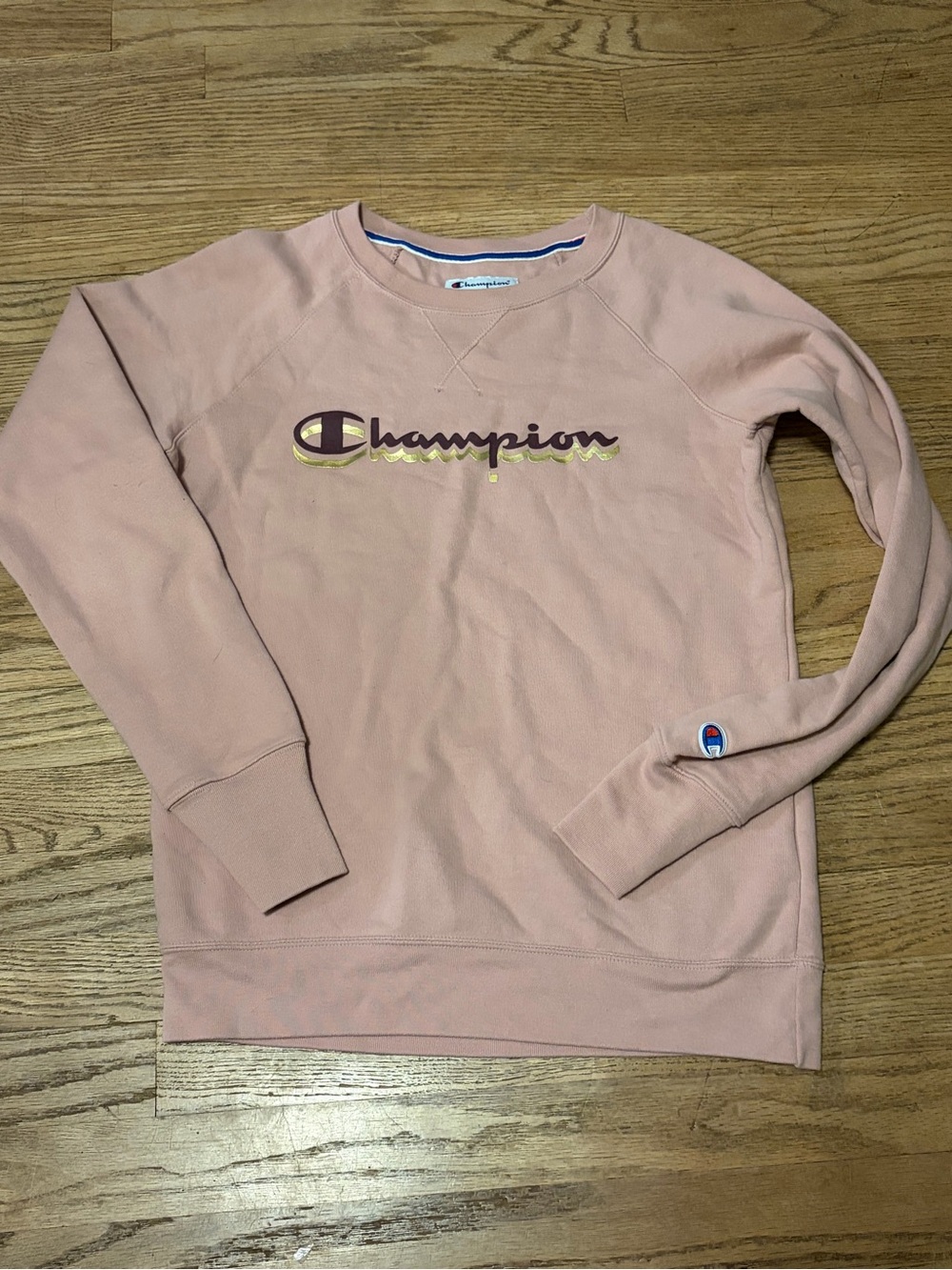 Champion Women's Dusty Pink Crewneck with Yellow-Outlined Logo